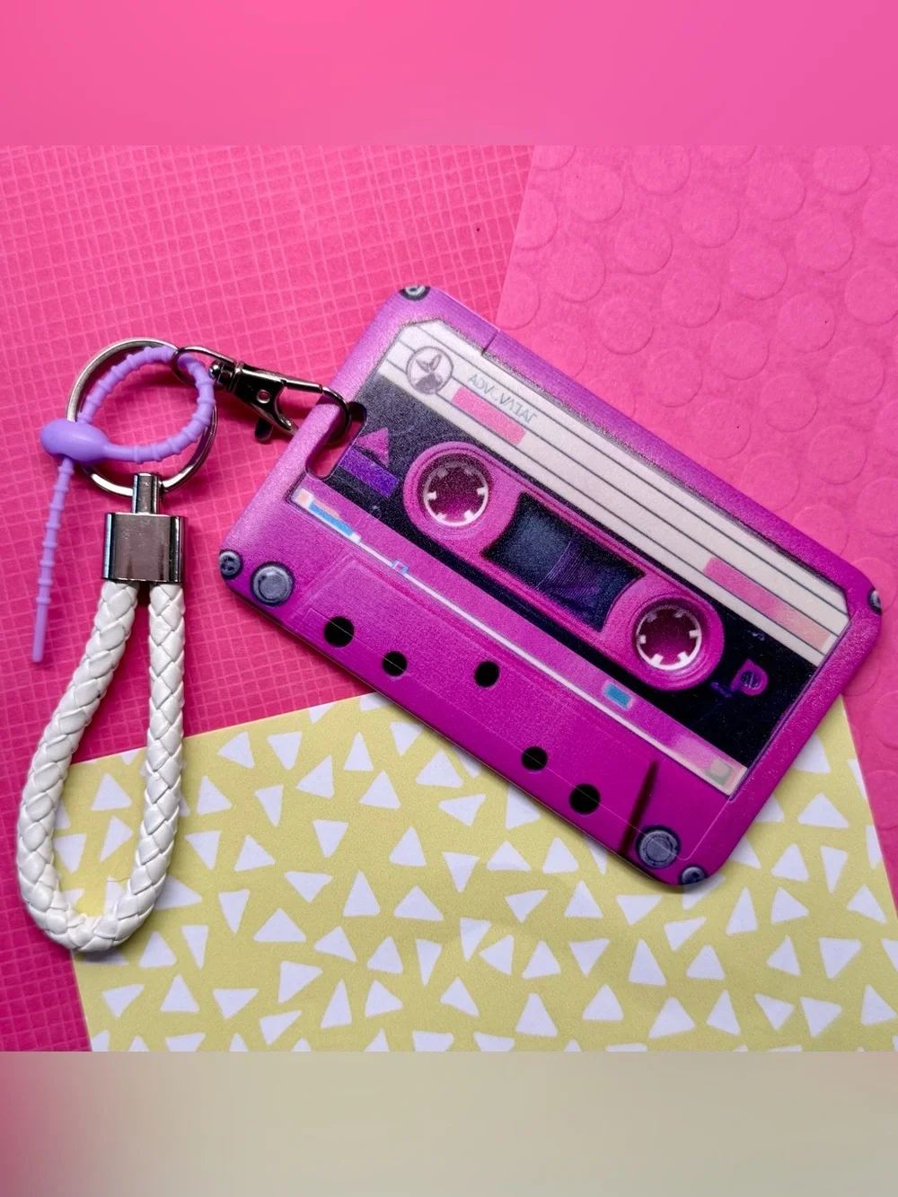 New Retro 80s 90s Style Cassette Tape Purple ID Card Holder & Woven Keychain